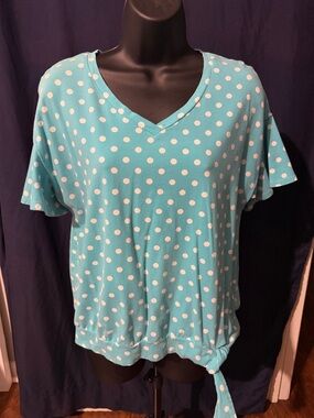 Rafaella Aqua Polka Dot V-Neck Tie-Hem Short Sleeve Top